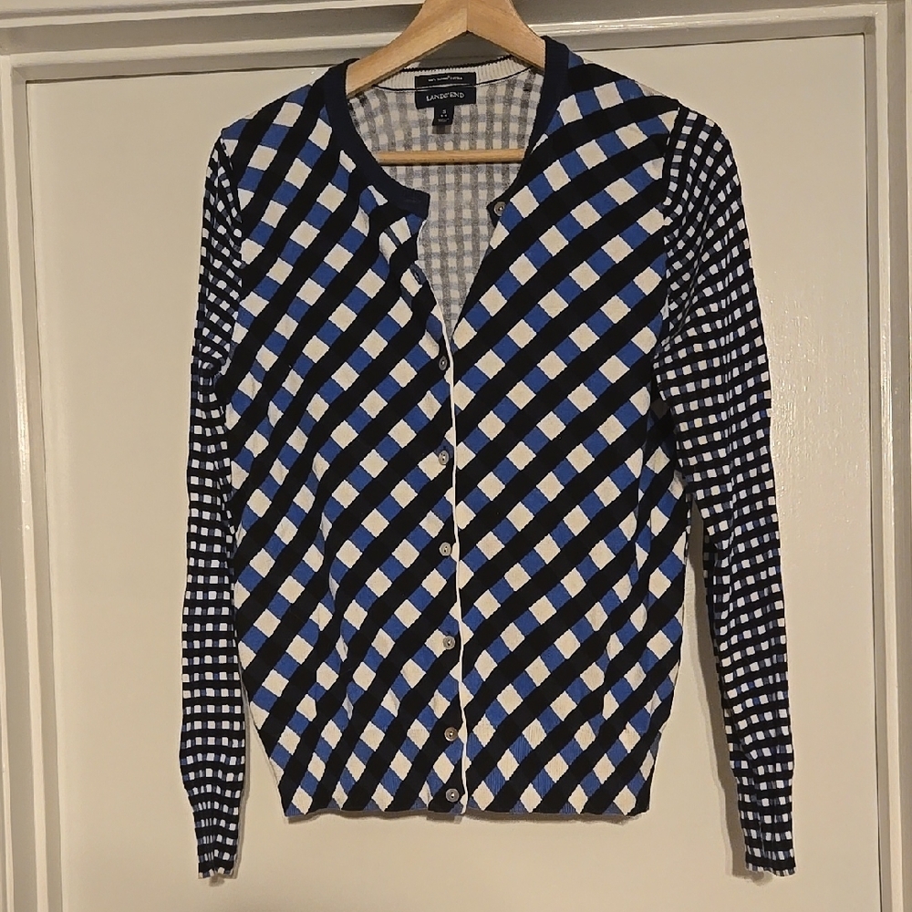 Lands' End Blue and Black Checkered Cardigan